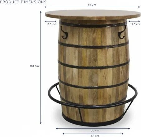 Masă bar din lemn masiv de mango în formă de butoi cu metal, 90×90×101 cm, „Barrel”