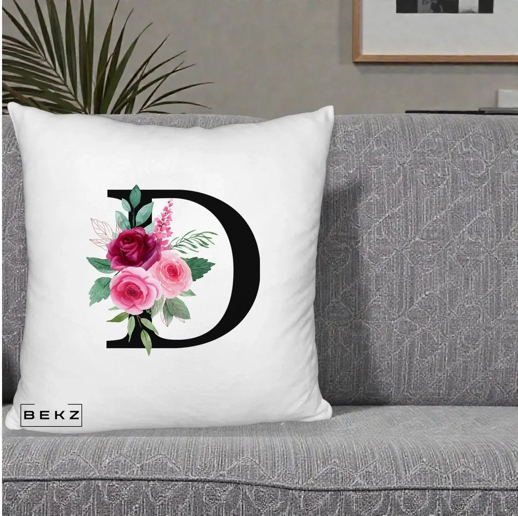Cadou Personalizat - Perna Personalizata Monograma Florala Litera D, 40x40 cm, Alb Pufos, Husa Detasabila, Perna Inclusa, BEKZ®