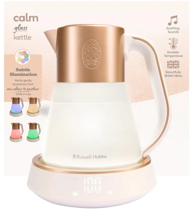 Cana electrica Russell Hobbs Calm 27450-70, 2400W, 1,7 l, 40-100°C, Fierbere silentioasa, Butoane tactile, Alerte sonore, 6 culori schimbatoare, Protect, Fara BPA si PFAS, Alb/Auriu