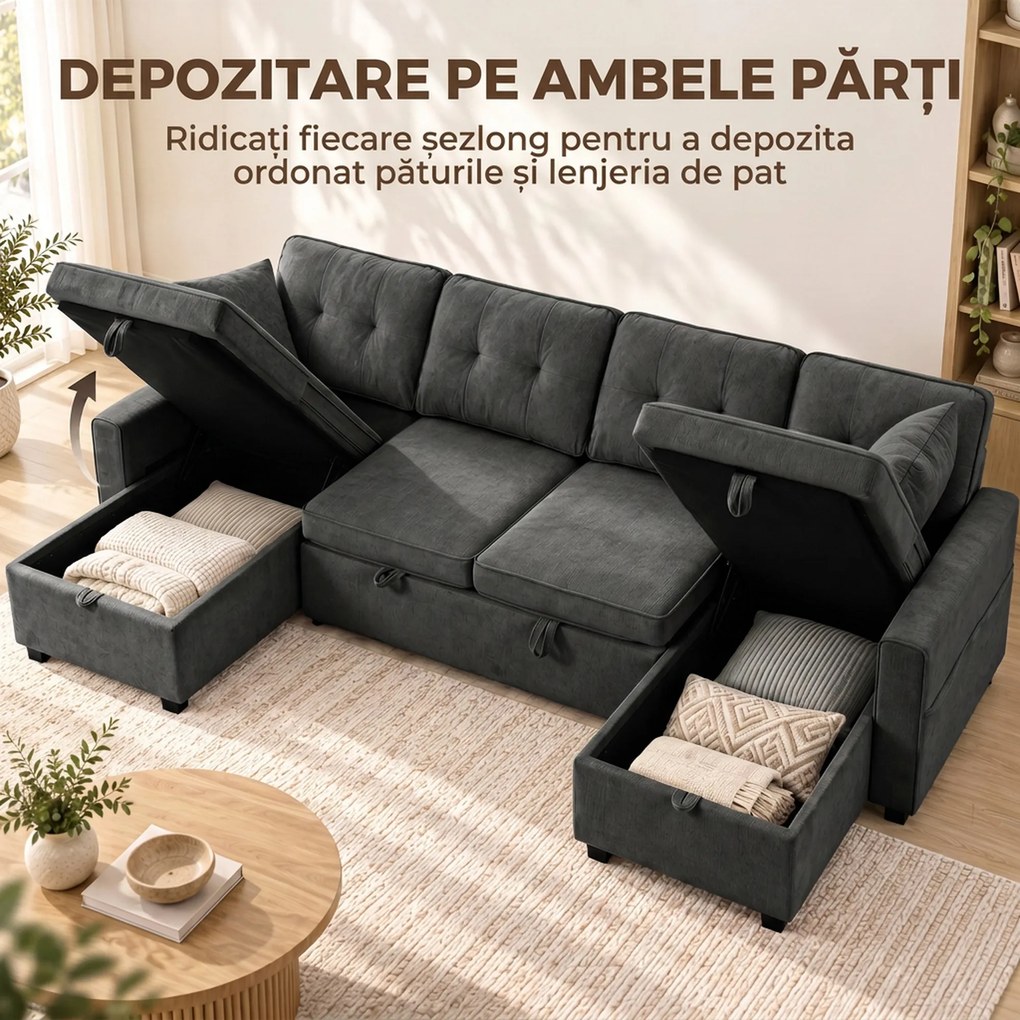 HOMCOM Canapea extensibilă mare în U, cu 2 șezlonguri, depozitare și 2 perne, chenille, gri închis | Aosom Romania