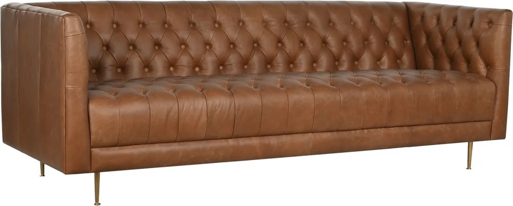 Canapea 3 locuri din piele cognac, cu spătar capitonat, picioare din metal auriu, aspect retro, 74 x 209 x 77 cm, „Odette”