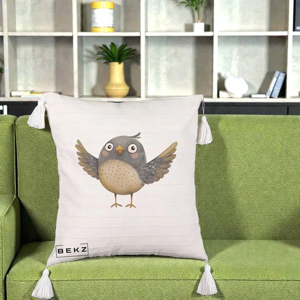 Perna Decorativa Pasare cu Aripi Intinse, 40x40 cm, Bej cu Franjuri, Husa Detasabila, Perna Inclusa, BEKZ®