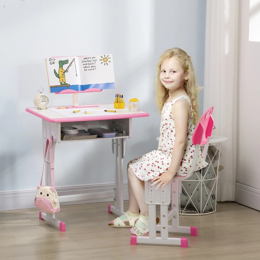 HOMCOM Bancă cu Scaun pentru Copii 6-12 ani cu Înălțime Reglabilă, Suport pentru Cărți și Raft, 60x45x90-102 cm, Roz | Aosom Romania