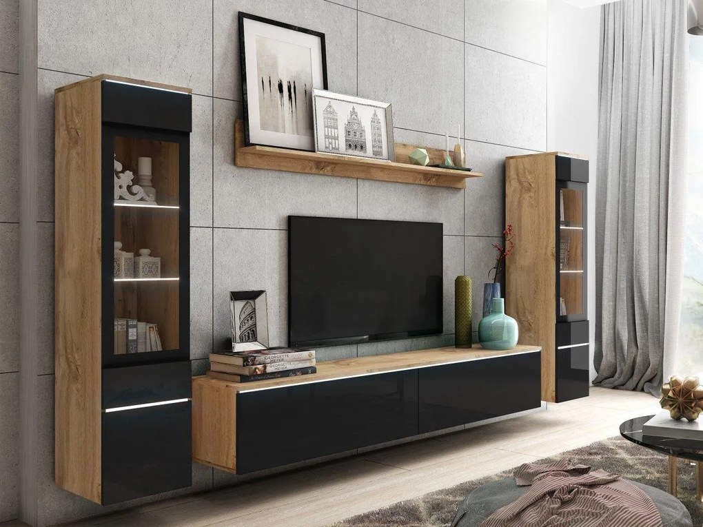 Mobilier living Selwyn II (wotan + Negru lucios ) (iluminat LED Alb). 1054051
