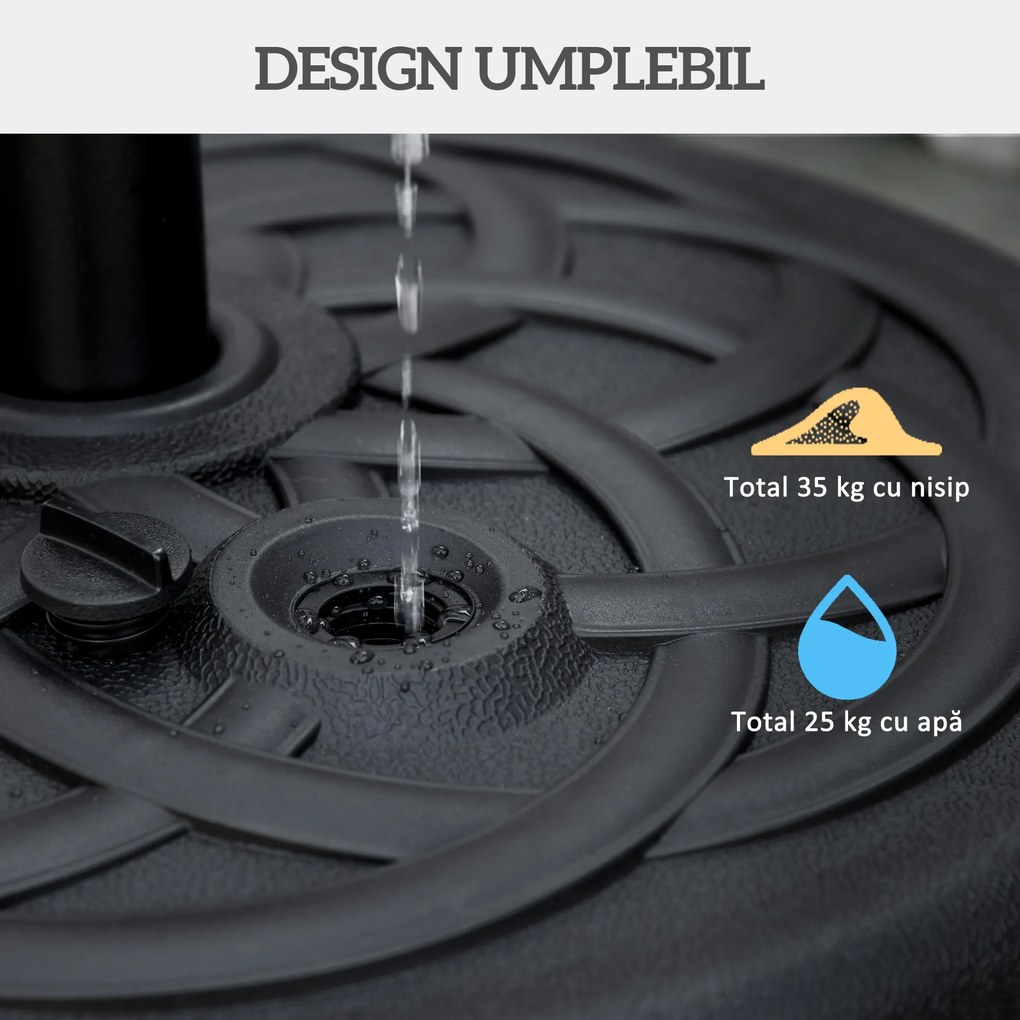 Outsunny Bază pentru Umbrele cu Stâlpi Ø38/48mm și Umplere cu 25 kg de Apă sau 35 kg de Nisip, Ø56x30.5 cm, Negru | Aosom Romania