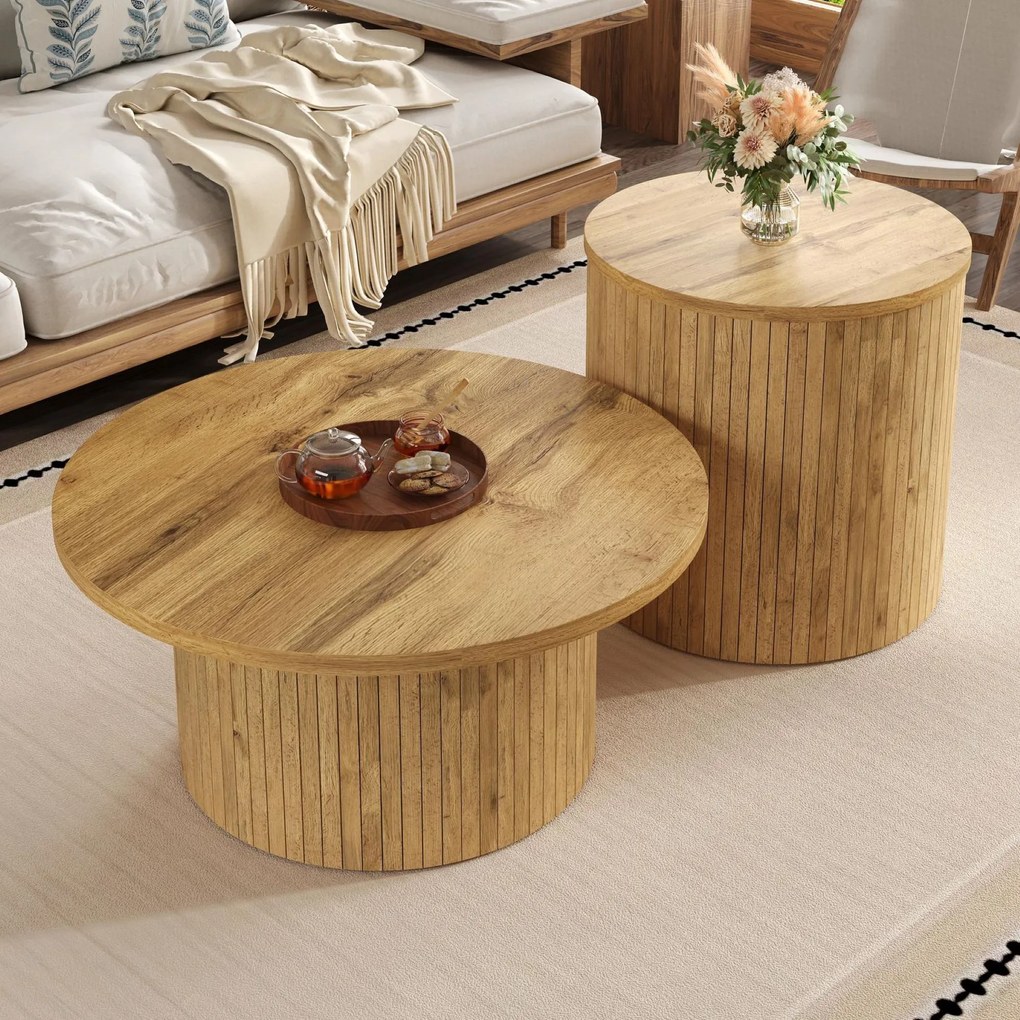 Set de 2 măsuțe de cafea rotunde, cu fronturi cu lamele verticale din lemn natural și colțuri rotunjite, 75x75x36 cm/50x50x50,5 cm, Culoare naturală