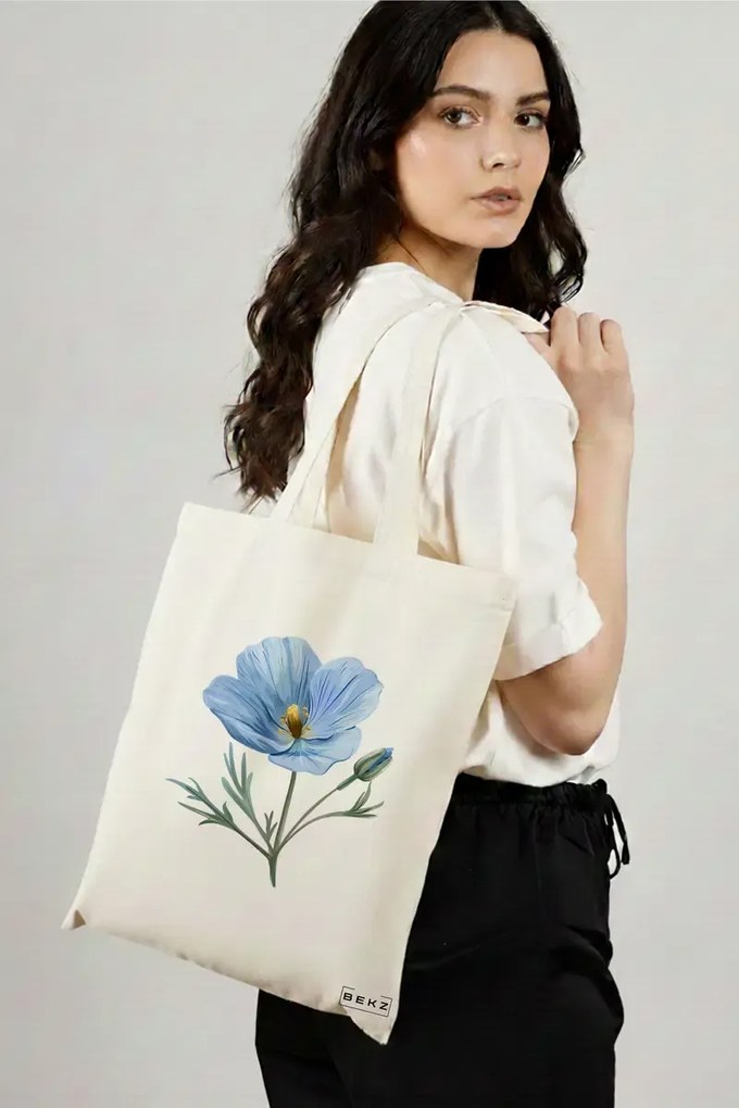 Sacosa de Panza pentru Cumparaturi, Geanta Tote, model Blue Flower 2 38 x 34.5 cm, Alba, BEKZ®