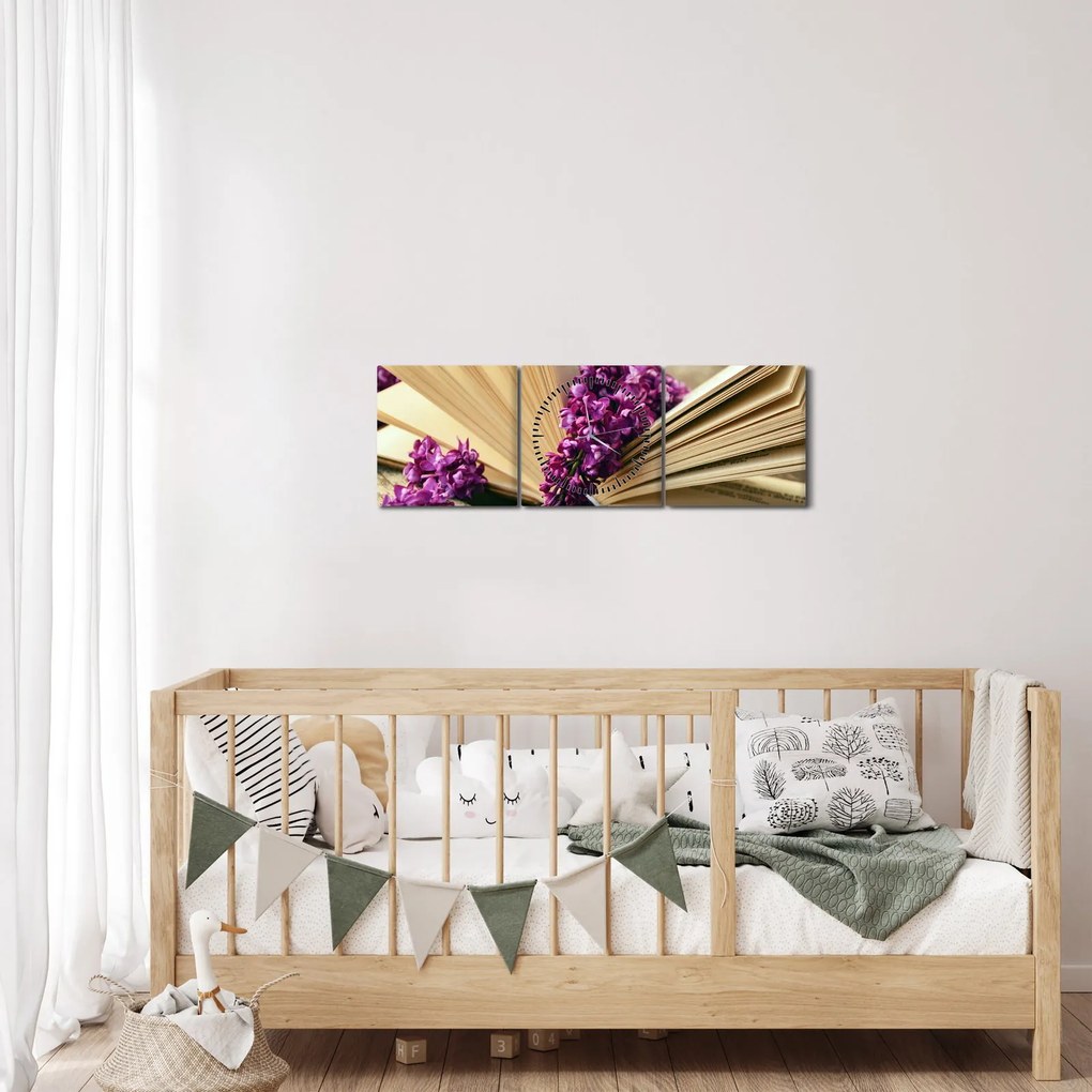 Tablou cu cartea și lavanda (cu ceas) (90x30 cm)