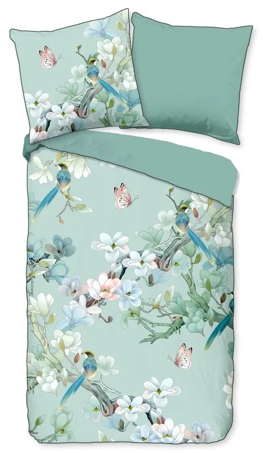 Lenjerie de pat din bumbac organic pentru pat de o persoană Descanso Flowery, 140 x 220 cm, verde