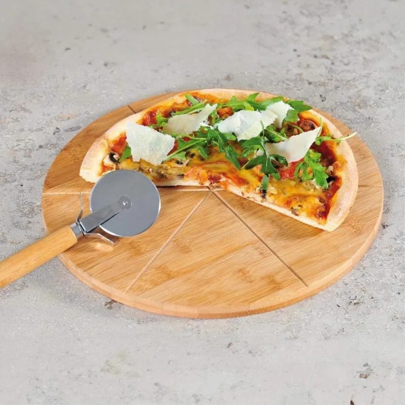 Set tocator si cutit pentru pizza Kesper 58462, 32 cm, Bambus, Maro