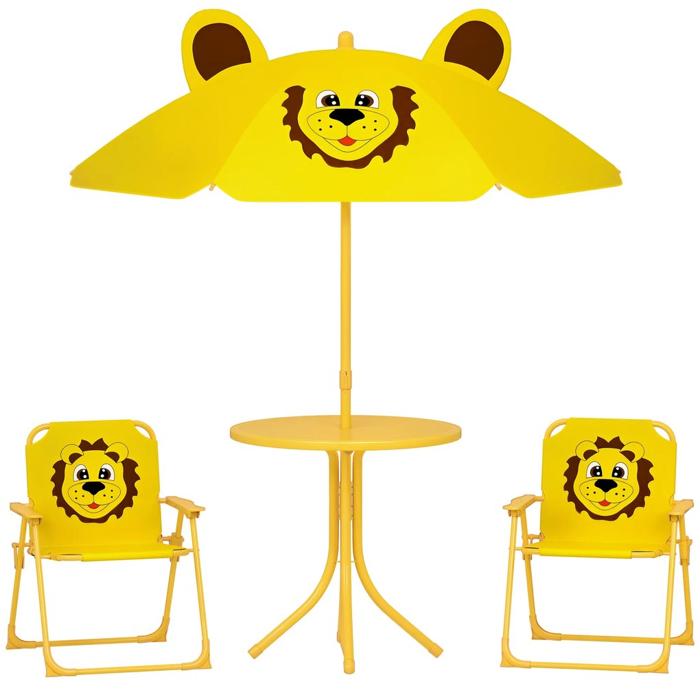 AIYAPLAY Mobilier de grădină pentru copii cu umbrelă de soare reglabilă, Set de picnic pentru copii cu 4 piese, Masă cu 2 scaune pliante, masă, Set de terasă cu model de leu pentru vârstele 2-5 ani, Galben | Aosom Romania