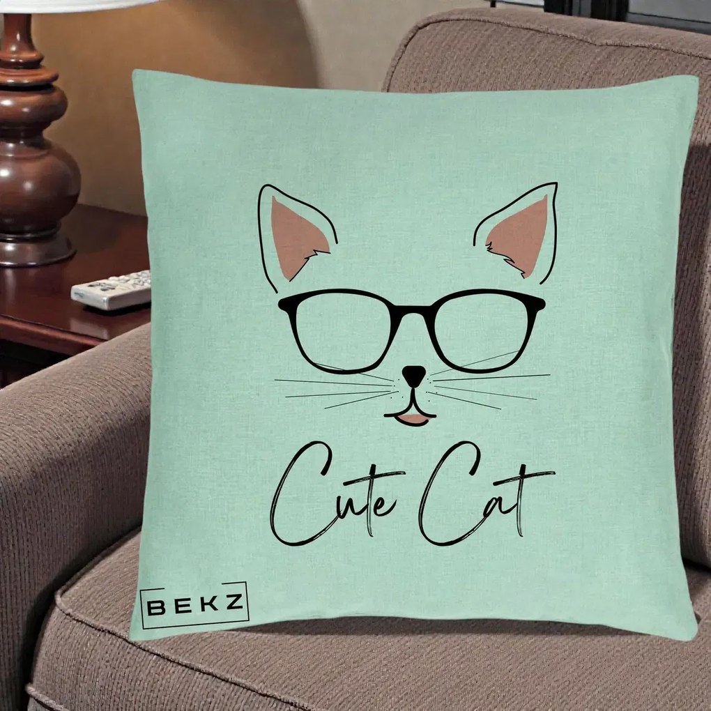 Perna Personalizata Cute Cat cu Ochelari, 40x40 cm, Verde Menta, Husa Detasabila, Perna Inclusa, BEKZ®