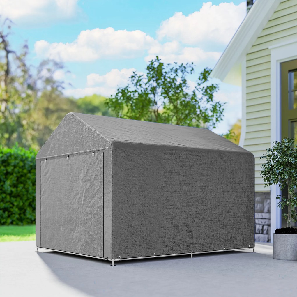 Outsunny 2x2.4 m Cort pentru Depozitare în Grădină, Cort Garaj cu Acoperire Impermeabilă, Ușă Rulabilă cu Fermoar, pentru Biciclete și Unelte, Metal Zincat, Gri Deschis | Aosom Romania