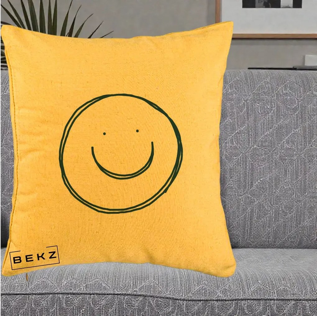 Perna Decorativa Smile Desen Minimalist, 40x40 cm, Galben, Husa Detasabila, Perna Inclusa, BEKZ®
