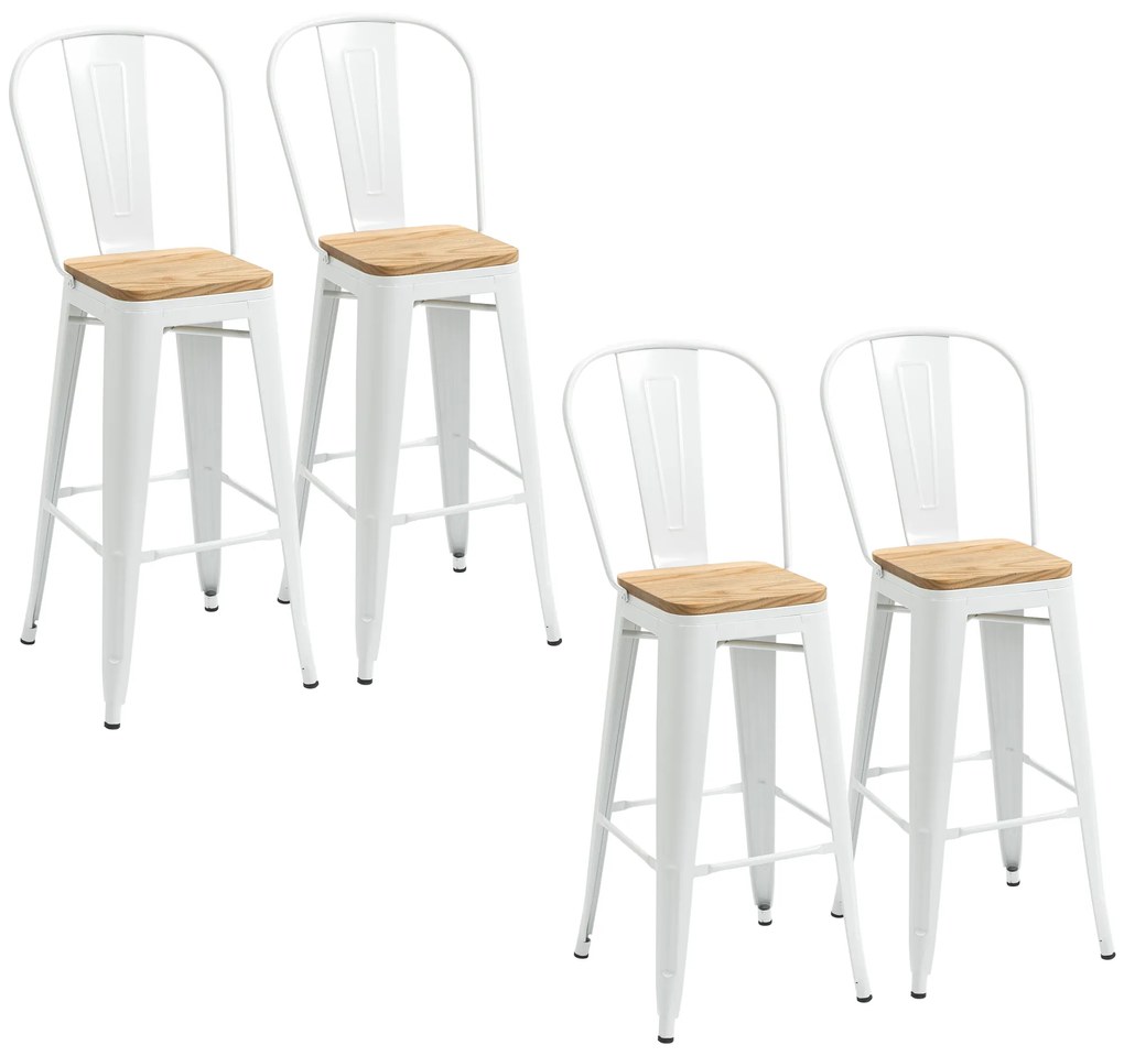 HOMCOM Set de 4 taburete de bar industrial cu spătar suport pentru picioare înălțime 76 cm oțel crem | Aosom Romania
