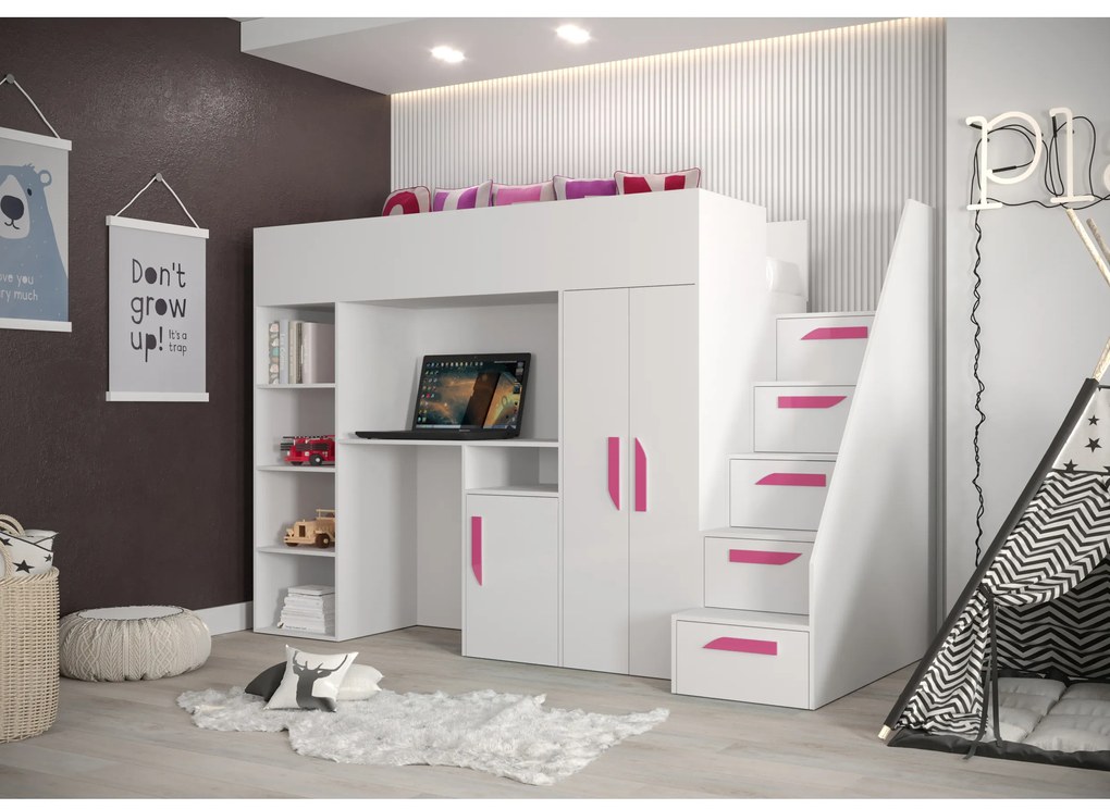 Pat pentru copii combinat 90 cm Puro 14 (alb mat + alb lucios + mânere roz). 1087091