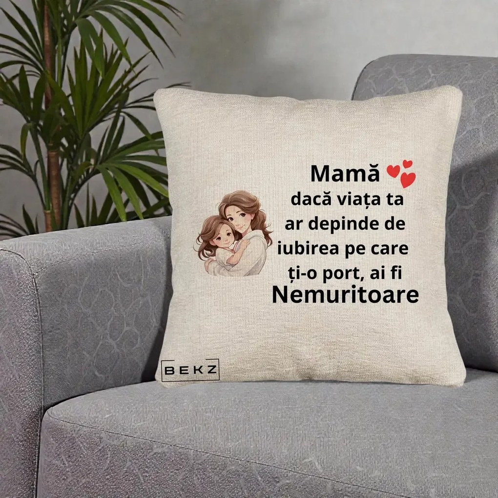 Cadou pentru Mama - Perna Personalizata Mama Nemuritoare cu Balon Inima, 40x40 cm, Bej Canapea, Husa Detasabila, Perna Inclusa, BEKZ®