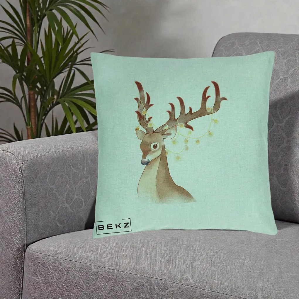 Perna Decorativa Ren cu Luminite de Craciun, 40x40 cm, Verde Menta, Husa Detasabila, Perna Inclusa, BEKZ®