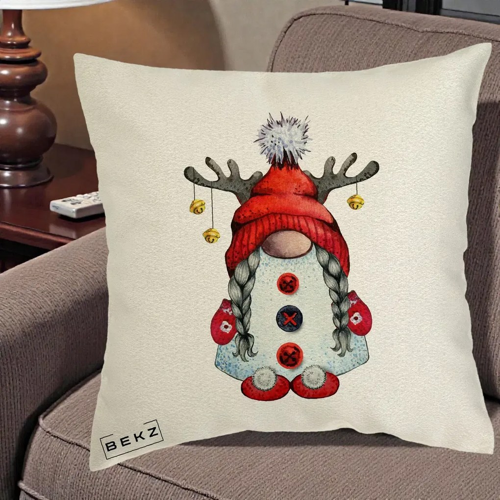 Perna Decorativa Pitic Gnom Craciun cu Coarne de Ren, 40x40 cm, Ecru, Husa Detasabila, Perna Inclusa, BEKZ®