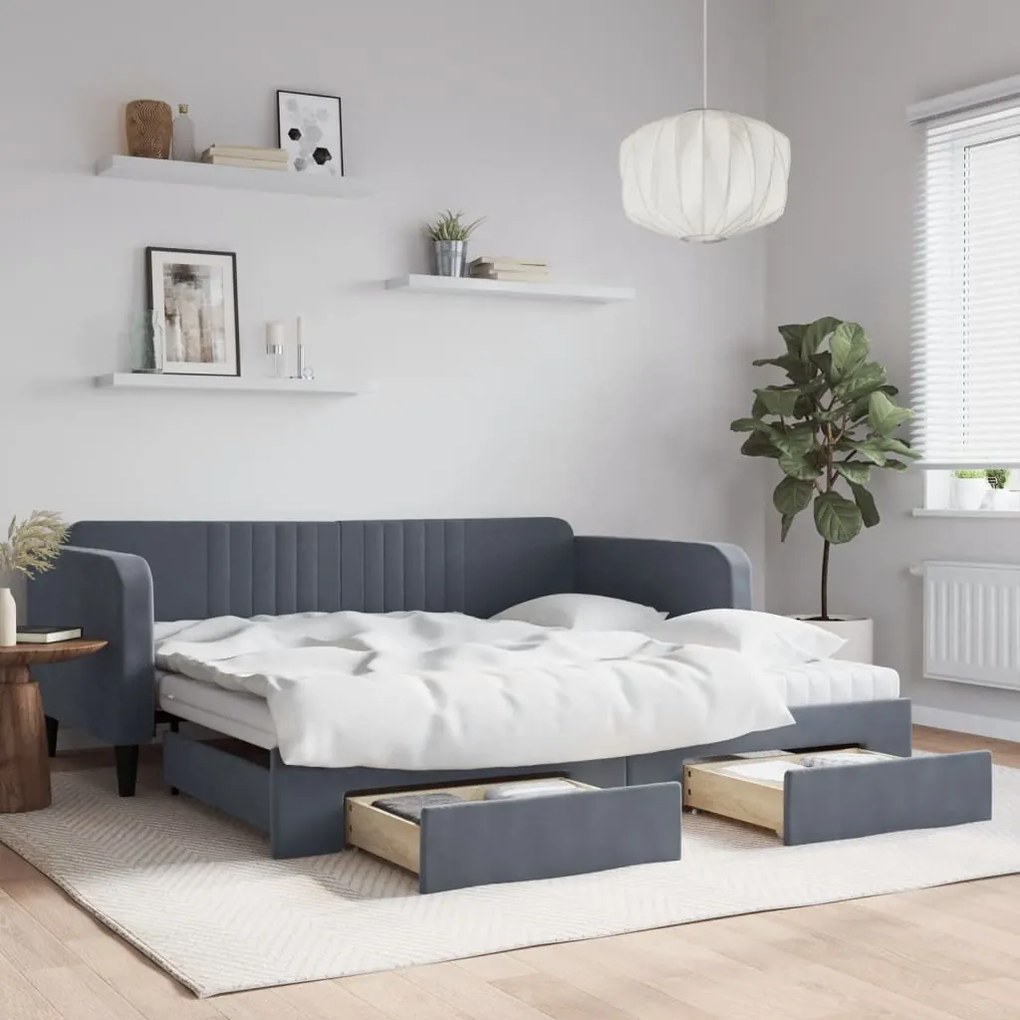vidaXL Pat de zi cu extensie și sertare gri închis 100x200cm catifea