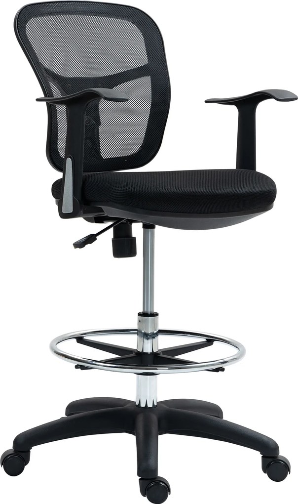 HOMCOM Scaun de Birou Rotativ cu Inel pentru Sprijinirea Picioarelor și Spătar Curbat, 55x58x94 cm, Negru | Aosom Romania