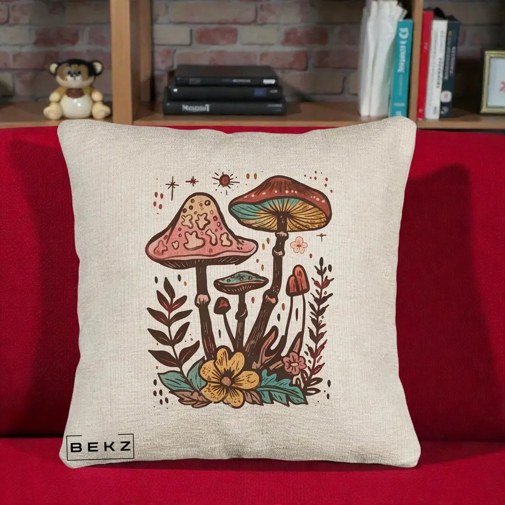 Perna Decorativa Ciuperci Boho Multicolore, 40x40 cm, Bej Canapea, Husa Detasabila, Perna Inclusa, BEKZ®
