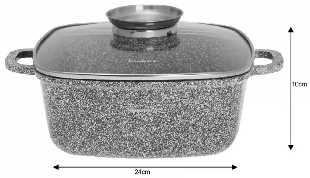 Oală pătrată cu capac 24x24 cm, 4.4L – Klausberg KB 7530, strat marmură, gri, compatibilă cu inducție, gătit fără ulei
