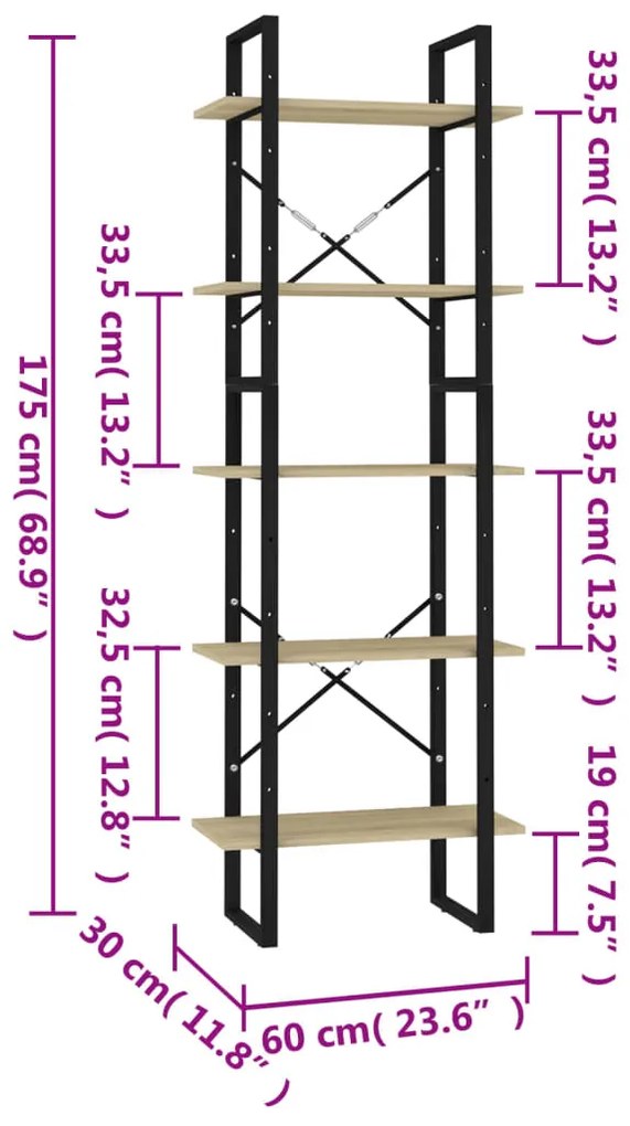 Biblioteca cu 5 rafturi, stejar sonoma, 60x30x175 cm, PAL 1, Stejar sonoma, 60 x 30 x 175 cm