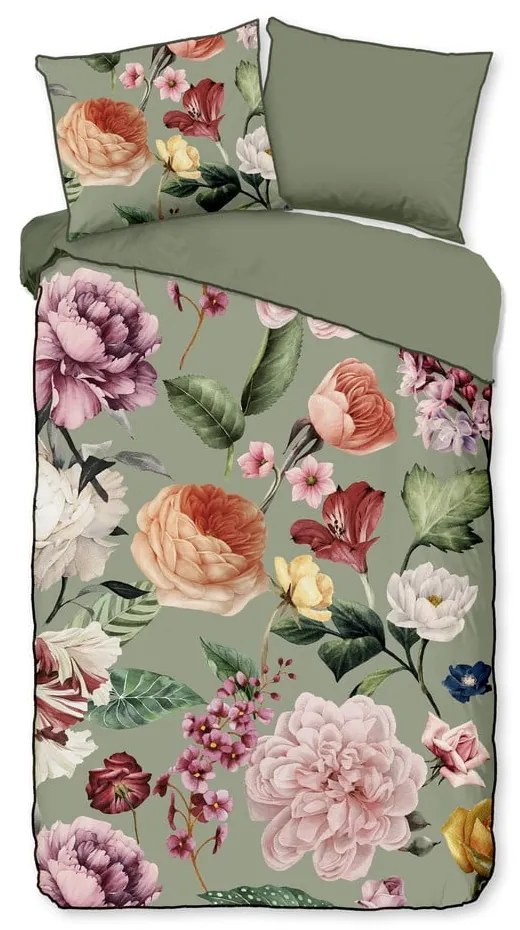 Lenjerie de pat verde din bumbac satinat pentru pat de o persoană, extinsă 140x220 cm Fiori – Descanso