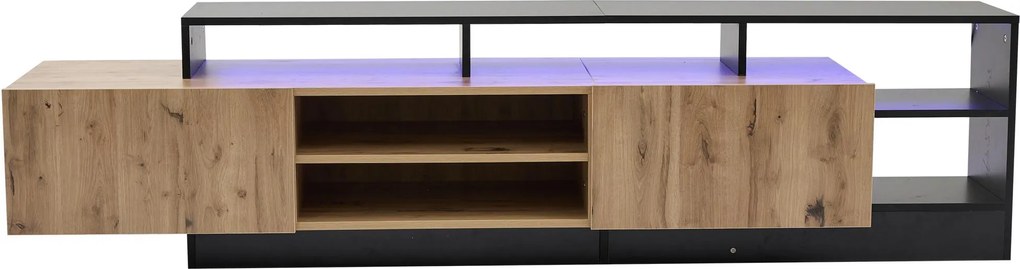Dulap TV modern, cu iluminare LED și spațiu de depozitare deschis, 190x40x48,5 cm, Negru + Culoare naturală