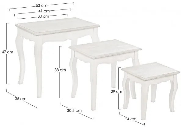 Set 3 masute de cafea albe antichizat din MDF, 53 - 41 - 30 cm, Clorura Bizzotto