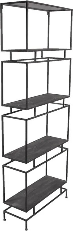 Etajeră metalică îngustă, negru, cu 4 rafturi din lemn și cadre suprapuse, 160 x 61 x 23 cm, „Verne”