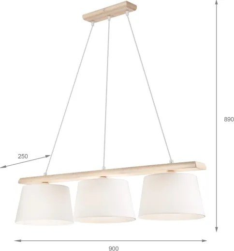 Lustră suspendată pe cablu AIDA, 3xE27/60W/230V, Ø 25 cm, stejar/alb