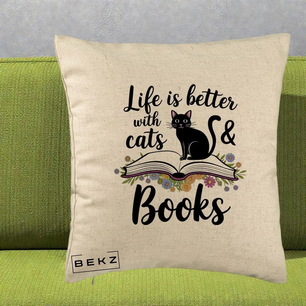 Perna Personalizata Life is Better Cats and Books, 40x40 cm, Bej, Husa Detasabila, Perna Inclusa, BEKZ®