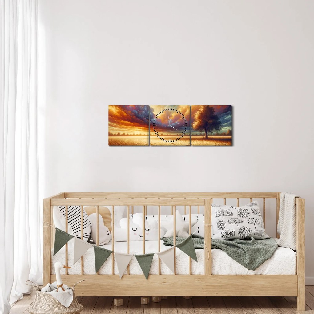 Tablou – Arbore pe câmp (cu ceas) (90x30 cm)