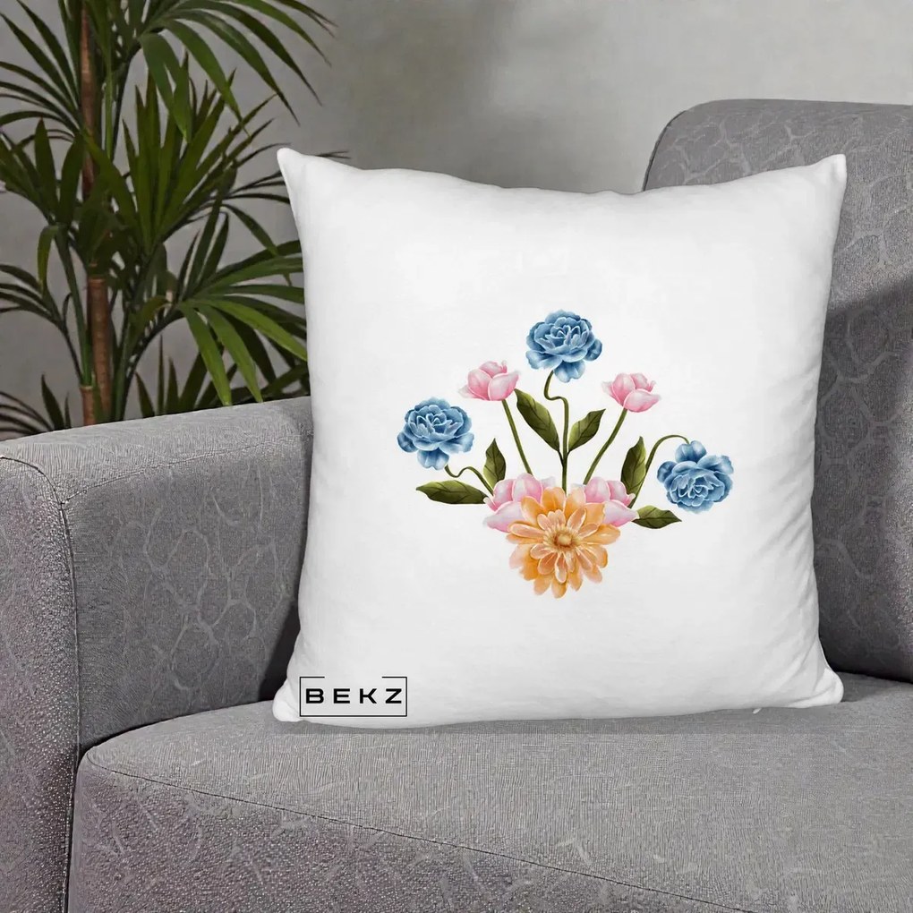 Perna Decorativa Buchet Primavara Acuarela, 40x40 cm, Alb Pufos, Husa Detasabila, Perna Inclusa, BEKZ®