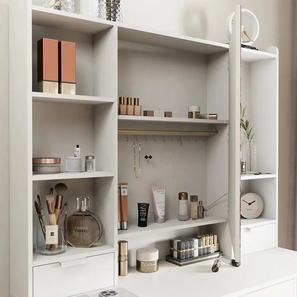 Masuta machiaj cu Oglinda LED si 7 Sertare pentru Cosmetice, Set Masa toaleta 105 cm, Alb, masuta cosmetica, vanity - SEA810
