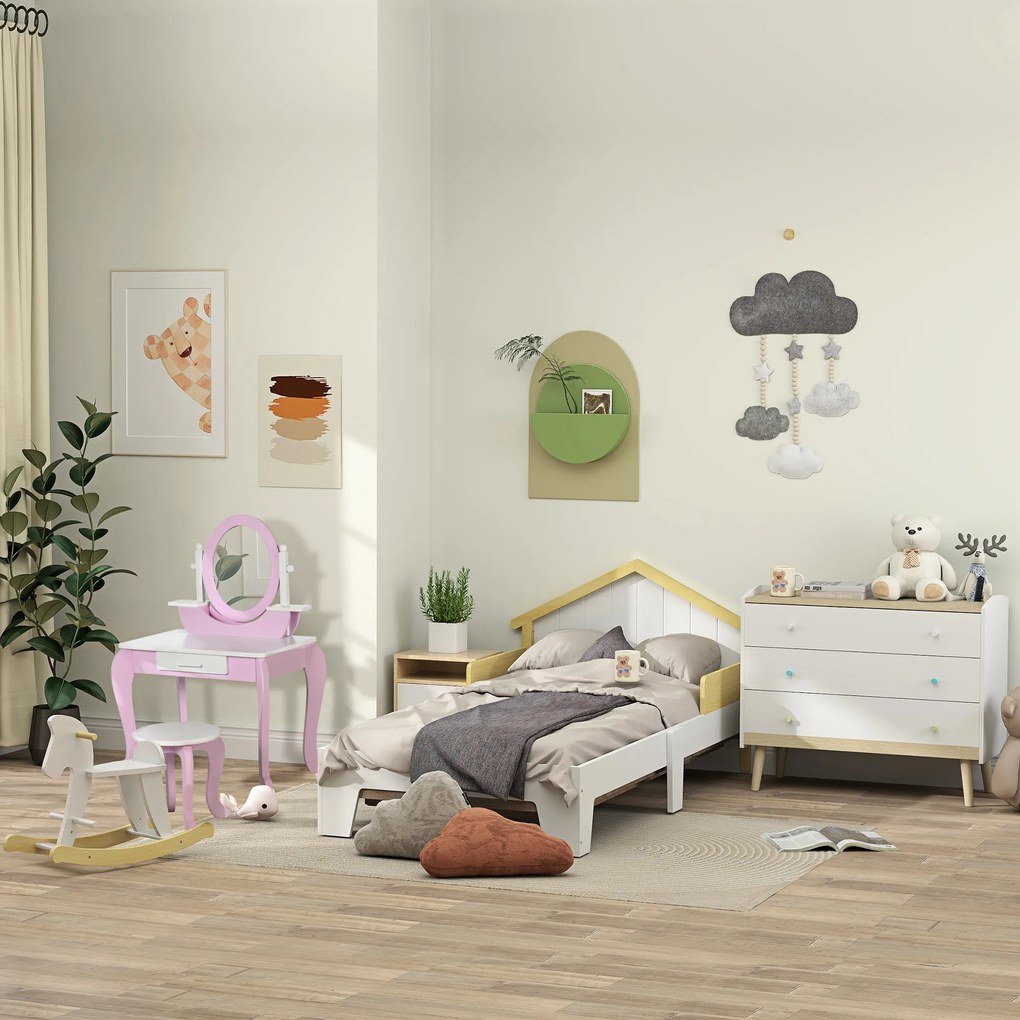 HOMCOM Pat pentru copii - structură pat cu tăblie în formă de casă și somieră cu lamele incluse - 90 x 190 cm- pin masiv alb | Aosom Romania