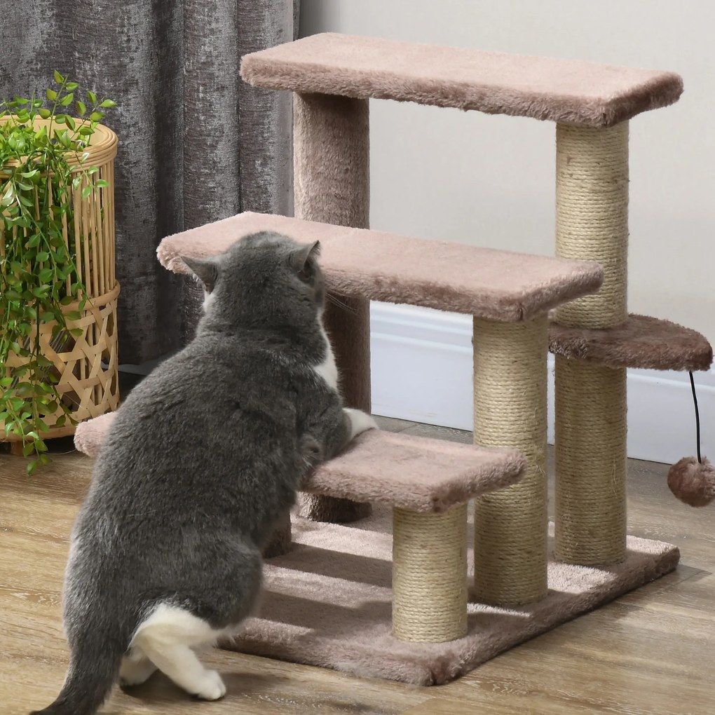 PawHut Arbore pentru zgârieturi, scara pentru animale de companie, 3 trepte, minge de joc, până la 5 kg, 45x40x48cm, Maro | Aosom Romania