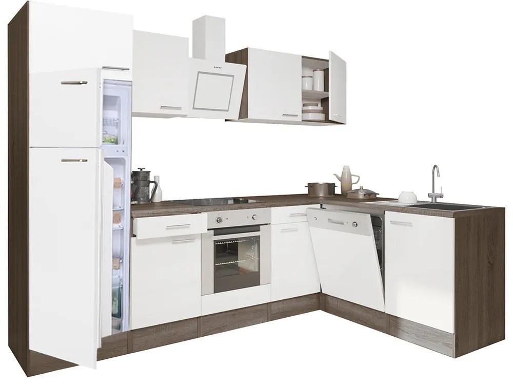 Mobilă de bucătărie de colț Yorki 280, corp din stejar Yorki, față alb satinat, element cuptor inferior, frigider congelator superior