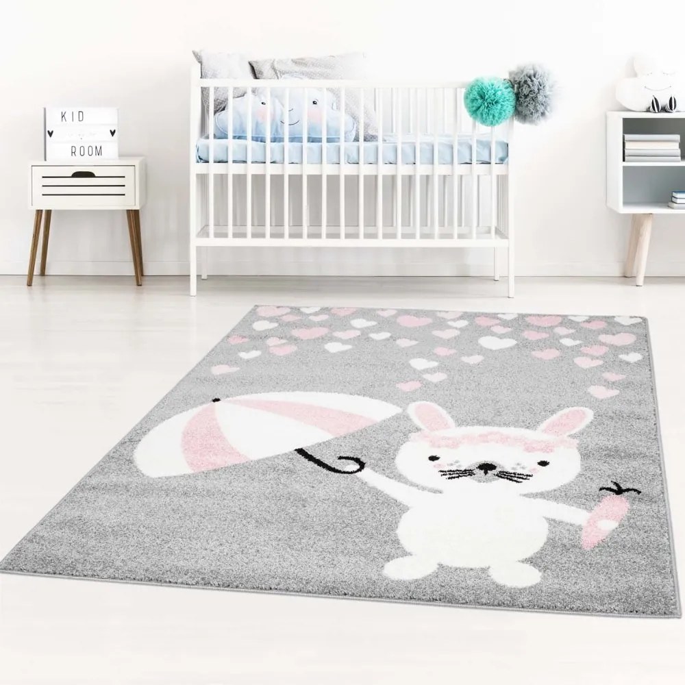 Covor pentru copii uimitor gri cu iepuraș cu umbrelă Lăţime: 80 cm | Lungime: 150 cm