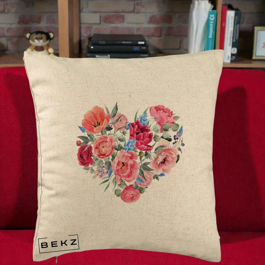 Perna Decorativa Inima din Bujori Acuarela, 40x40 cm, Bej, Husa Detasabila, Perna Inclusa, BEKZ®