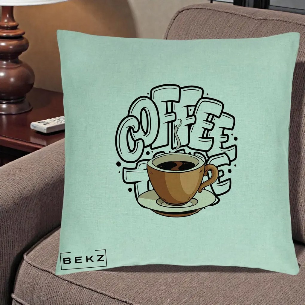 Perna Personalizata COFFEE cu Cana, 40x40 cm, Verde Menta, Husa Detasabila, Perna Inclusa, BEKZ®