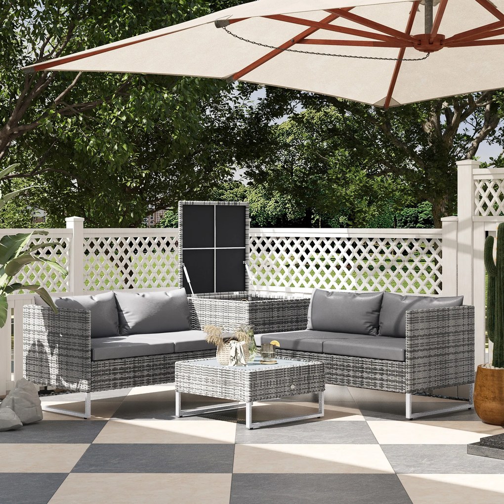 Outsunny Set de Gradina 4 Bucati cu 2 Canapele 2 Locuri, Masuta de Cafea si Masuta Inalta cu Lada, Set Masute si Scaune de Gradina