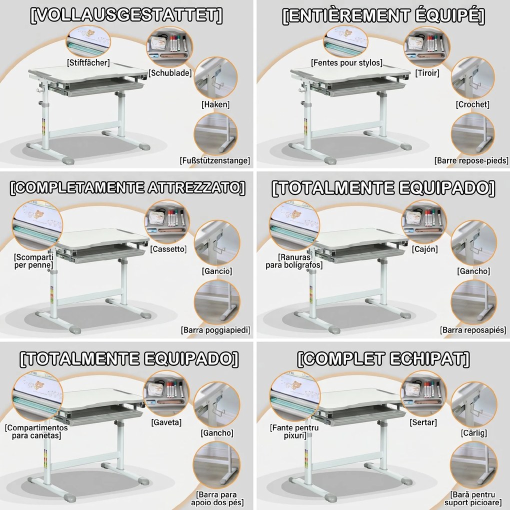 HOMCOM Set Masă și Scaun pentru Copii 6-12 ani, Reglabil pe Înălțime, cu Blat Înclinabil la 45°, 66x47x52-77 cm, Gri | Aosom Romania