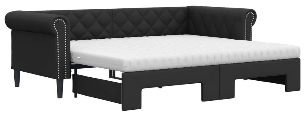 3197727 vidaXL Pat de zi cu extensie și saltele negru 90x200cm piele ecologică