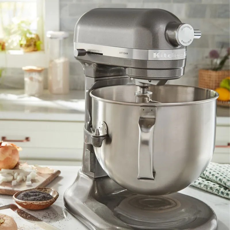 Mixer planetar KitchenAid Artisan 5KSM70SHXEMS Medallion silver, 375 W, 6,6 l, 11 viteze, 67 de puncte de contact, Ridicare bol, Viteză speciala „Fold”, Flex Edge, Gri metalizat
