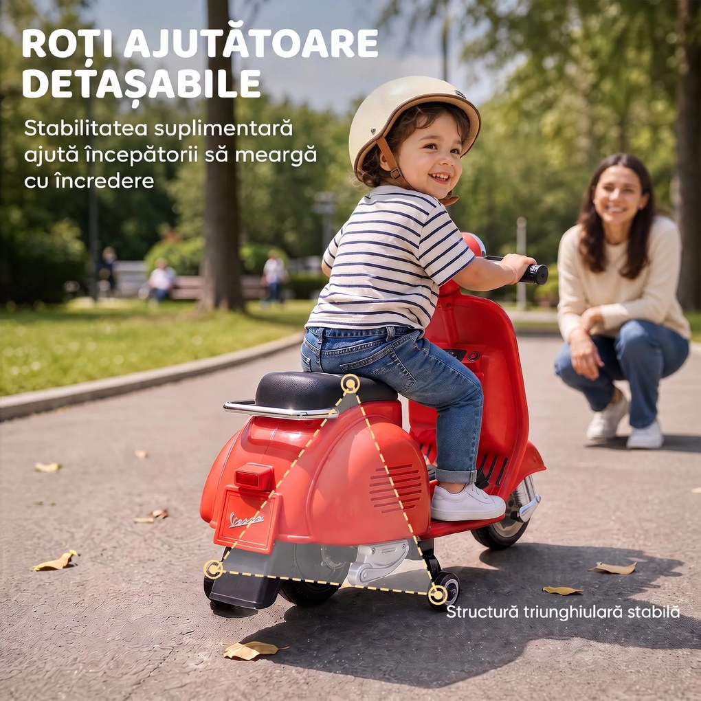 AIYAPLAY Motocicletă Electrică pentru Copii 3+ Ani, licență VESPA, 6V, cu roți ajutătoare detașabile, max. 30 kg, Roșu | Aosom Romania