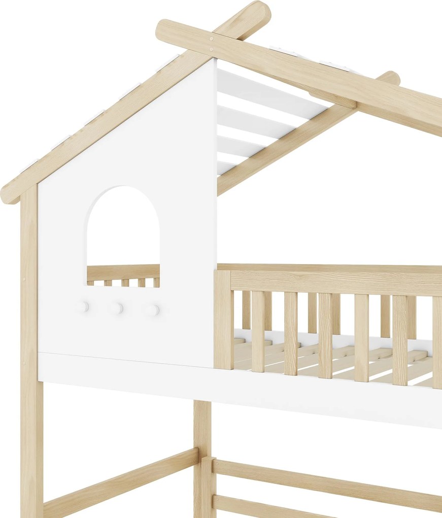 Pat supraetajat 90x200 cm cu scară cu spațiu de depozitare pentru copii, fără saltea, Culoare naturală+Alb