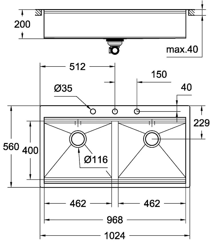 Chiuveta bucatarie Grohe K800, doua cuve, 1024x560mm, inox - 31585SD0